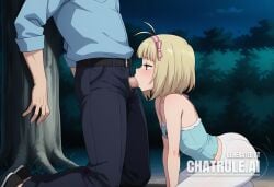 1girl ahoge ai_assisted ai_generated anime_coloring antenna_hair big_butt blonde_hair blowjob blue_shirt blush clothed clothing couple deep_throat detailed_face eyelashes fellatio female from_side girl girly green_eyes hair_ribbon hairband kneeling night night_guard oral outdoors short_hair small_breasts spreading_legs squating sucking_penis white_leggings whore younger_female