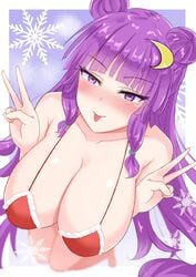 1girls :p big_breasts blush breast_focus christmas double_bun female hair_ornament large_breasts light-skinned_female long_hair patchouli_knowledge peace_sign purple_eyes purple_hair solo tagme tongue tongue_out touhou very_long_hair witch wuwusan youkai