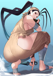 1girls antenna_hair ass bandaged_foot bandaged_leg bandages bandana bare_shoulders barefoot black_hair blush breasts brown_eyes capcom crouching face_mask feet female from_behind from_below highres hip_vent ibuki_(street_fighter) kagematsuri kunai long_hair mask ninja pants ponytail shiny shiny_clothes sideboob soles solo stirrup_legwear street_fighter street_fighter_iii street_fighter_iii:_3rd_strike street_fighter_iii_(series) toeless_legwear toes very_long_hair weapon