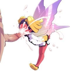 1boy 1girl bukkake censored chinese_clothes closed_eyes clothed_female_nude_male colored_skin commentary_request cum cum_on_body demon_(megami_tensei) ejaculation erection excessive_cum facial fairy fairy_wings flat_chest full_body hua_po_(megami_tensei) mini_person minigirl mosaic_censoring nollety nude penis purple_hair red_skin shin_megami_tensei short_hair wings