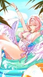 1girls big_breasts breasts breasts_out exposed_breasts female female_only large_breasts official_alternate_costume one-piece_swimsuit pink_hair purple_eyes remielle_(zenless_zone_zero) remielle_dan remielle_dan_(seashade_pas_seul) short_hair swimsuit white_one-piece_swimsuit white_swimsuit white_wings wings zenless_zone_zero