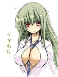 1girls blush breasts clothing eyebrows_visible_through_hair female female_human female_only green_hair human large_breasts light-skinned_female light_skin red_eyes red_eyes_female shuz_(dodidu) solo tie topwear