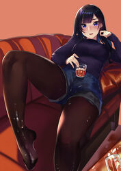 1girls alcohol bangs black_hair blue_eyes blush breasts couch drinking_glass eyebrows_visible_through_hair female hand_on_own_face highres kagematsuri legs long_hair looking_at_viewer lying medium_breasts mole mole_under_mouth open_mouth original pantyhose shorts smile solo sweater wet wet_clothes wet_pantyhose whiskey