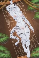 absurd_res anthro bakvissie blue_eyes breasts chin_piercing facial_scar felid female hair hammock hi_res katria_(mrfoxer) khajiit looking_at_viewer mammal microsoft nipples nude pink_nipples relaxing scar small_waist solo striped_body stripes the_elder_scrolls thick_thighs white_body white_hair wide_hips