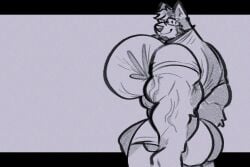 2023 akita anthro barazoku bau_(melaisen) big_bulge big_muscles big_pecs black_border border breasts bulge butt canid canine canis closed_smile clothed clothed_anthro clothed_male clothing detailed_bulge digital_drawing_(artwork) digital_media_(artwork) domestic_dog dot_eyes english_description eyewear facial_hair genital_outline glasses goatee greyscale hair huge_pecs letterbox male mammal melaisen monochrome moobs mouth_closed muscular muscular_anthro muscular_male pecs penis_outline pointy_ears portrait prick_ears rectangular_glasses shirt simple_eyes smile solid_circle_eyes solo spitz t-shirt three-quarter_portrait topwear underwear veiny_arms
