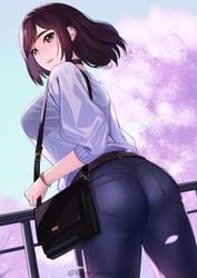 1girls ass bag bangs belt blue_pants blush bra breasts cherry_blossoms choker denim female highres jeans kagematsuri large_breasts long_sleeves looking_at_viewer looking_back medium_hair original pants shirt shoulder_bag thighs tree white_shirt