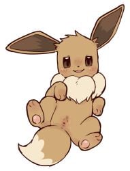 brown_body brown_fur chest_tuft chompubite eevee female feral fluffy fluffy_tail fur gaping gaping_vagina generation_1_pokemon genitals head_tuft humanoid_genitalia humanoid_genitalia_on_feral humanoid_vulva humanoid_vulva_on_feral long_ears looking_at_viewer lying narrowed_eyes nintendo on_back open_mouth pokemon pokemon_(species) presenting simple_background solo spread_legs spreading tail tuft vulva white_background