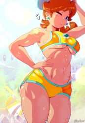 1girls artist_name artist_signature bare_midriff benbeau big_breasts blue_eyes breasts brown_hair busty crown curvy earrings exposed_midriff female female_focus female_only flower_earrings front_view large_breasts light-skinned_female light_skin looking_at_viewer mario_(series) medium_hair midriff navel nintendo one_eye_closed princess_daisy shorts shoulder_length_hair solo solo_female solo_focus tagme thick_thighs thighs underboob voluptuous wink winking winking_at_viewer