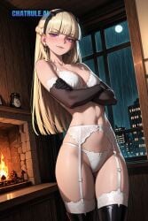 1girl 2d 4k 8k ai_assisted ai_generated alluring anime_style athletic attractive attractive_woman bare_midriff beautiful bedroom_setting big_booty blonde_hair blunt_bangs blush braid breasts cinematic_lighting clean_lineart cleavage close_up collarbone confident dark dark_lighting defined_jawline depth_of_field detailed_background detailed_face detailed_skin digital_illustration dim_lighting elegant erotic eye_makeup long_hair purple_eyes star_wars star_wars_visions
