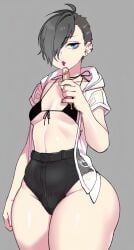 1girls 3rd_party_edit amemiya_tamayo bikini_top black_hair blue_eyes booty_shorts bottom_heavy breasts cleavage dat_ass ear_piercing edit emo female female_only goth hair_over_one_eye huge_ass looking_at_viewer narrow_shoulders pale_skin pawg pear_shaped pixie_cut red_lipstick ryo_agawa short_hair small_breasts thick_thighs very_short_hair wide_hips