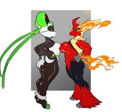 2girls abs avian avian_feet avian_humanoid beak bear_ears big_ass big_breasts black_fur blaziken dclzexon feather_hair feathers green_hair jealous jealous_female jealous_look jealousy leafan_(pal) medium_breasts mega_blaziken muscular muscular_thighs nipples nude nude_female palworld panda panda_girl pokemon pouting red_fur simple_background simple_shading size_comparison staring_at_another ursine ursine_humanoid white_fur yellow_fur