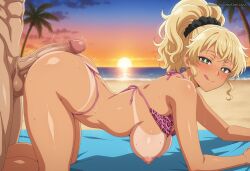 1boy 1girl :q ai_generated aimisaka all_fours animal_print ass beach beach_towel bikini bikini_tan bikini_top_lift blonde_hair blush breasts breasts_out bright_pupils buttjob clothes_lift dark_skin erection green_eyes hair_ornament hanging_breasts hetero horizon ijichi_kotoko imminent_penetration large_breasts large_penis leopard_print licking_lips looking_at_viewer nipples nude ocean otaku_ni_yasashii_gal_wa_inai!? outdoors palm_tree patreon_url patreon_username penis penis_on_ass pink_bikini ponytail sand scrunchie shiny_skin sky smile solo_focus sunset sweat swimsuit tan tanlines testicles thong thong_bikini tongue tongue_out towel tree trembling veins veiny_penis water watermark white_pupils