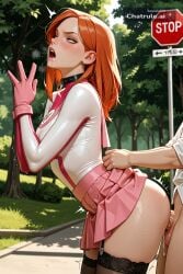 1girl ai_assisted ai_generated annoyed atom_eve cock_in_pussy collar cowgirl creampie embarrassed eve harness inside invincible leaning_forward moaning outside parted_bangs pussy_sex rolling_eyes saliva shaking side_view skirt stockings stop_sign superhero_costume tree white_shirt