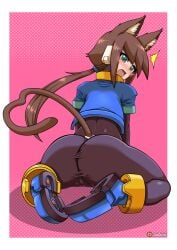 1girls aile_(mega_man_zx) animal_ears animal_tail ass ass_focus brown_hair cropped_jacket embarrassed female female_only godichi green_eyes looking_back mega_man mega_man_zx mega_man_zx_advent rear_view solo tagme