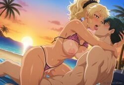 1boy 1girl ai_generated aimisaka animal_print beach beach_towel bikini bikini_bottom_aside bikini_tan bikini_top_lift black_hair blonde_hair blush breasts clothed_female_nude_male clothes_lift clothing_aside cloud cowgirl_position dark_skin dutch_angle faceless faceless_male french_kiss girl_on_top green_eyes gyaru hair_ornament hair_scrunchie heart-shaped_pupils hetero ijichi_kotoko kiss large_breasts leopard_print long_hair navel nipples nude ocean open_mouth otaku_ni_yasashii_gal_wa_inai!? outdoors palm_tree patreon_url patreon_username penis ponytail pussy saliva sand scrunchie sex short_hair sky straddling sunset sweat swimsuit symbol-shaped_pupils tan tanlines tongue tongue_out tree vaginal water watermark