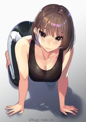 1girls all_fours bangs bare_arms bare_shoulders barefoot blush breasts brown_eyes brown_hair cleavage closed_mouth collarbone earrings eyebrows_visible_through_hair female female_focus full_body highres jewelry kagematsuri lips looking_at_viewer mole mole_on_breast mole_under_eye mole_under_mouth original pantylines shadow shiny shiny_clothes shiny_hair shiny_skin simple_background sleeveless solo spandex sweat sweatdrop