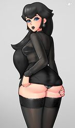 1girls alternate_version_available ass back_view black_eyeshadow black_hair black_lipstick black_nails black_panties black_shirt black_skirt blue_eyes breasts clothed clothing earrings eye_contact eyeshadow female female_only goth gothified grey_background hair_ornament lipstick long_hair loodncrood looking_at_viewer looking_back makeup mario_(series) miniskirt nail_polish nintendo panties pencil_skirt princess_peach shirt simple_background skirt skirt_lift solo standing stockings thick_thighs thighhighs thighs thighs_together tight_clothing underwear