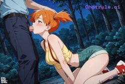 1girl ai_assisted ai_generated aqua_eyes big_butt blowjob blue_shirt blush clothed clothing couple deep_throat dynamic_angle fellatio female forest from_side girl girly green_eyes high_quality highres kneeling large_breasts night night_guard official_art oral orange_hair outdoors short_hair short_pants side_ponytail small_breasts smile solo spreading_legs squating sucking_penis white_leggings whore younger_female