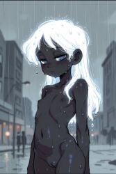 1girl 2026 ai_generated brown_body city_background flat_chested glowing innie_pussy naked nude rain self_upload wet_body
