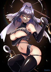 1girls 2021 areola areola_slip arm_under_breasts artist_name black_legwear blue_eyes blue_hair bow bow_earrings breasts clock_hands closed_mouth earrings elbow_gloves eyebrows_visible_through_hair female female_only gloves hair_intakes half-closed_eyes head_chain highres holding holding_sword holding_weapon hololive hololive_english hololive_english_-council- hololive_english_-promise- jewelry large_breasts lipgloss lips mechanical_halo mibry_(phrysm) navel ouro_kronii revealing_clothes ribbon_earrings short_hair skindentation solo sword thighhighs underboob veil virtual_youtuber weapon zipper zipper_pull_tab