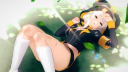 1girls 3d :o ass clothed female female_focus flowers grass hoodie horns karenina_(punishing:_gray_raven) leaves long_hair long_socks outdoors punishing:_gray_raven robot_girl short_shorts solo thighs white_hair yatsuni yellow_eyes