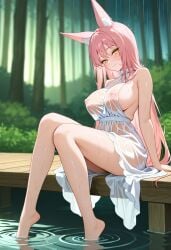 1girls ai_generated animal_ears breasts female female_only goddess_of_victory:_nikke hime_cut large_breasts leona_(nikke) long_hair pink_hair sitting wet wet_body wet_clothes