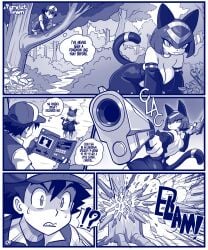 big_ass cat cat_ears cat_tail dangerous gun kogeikun palworld pokemon satoshi_(pokemon) sekhmet_(pal) wide_hips