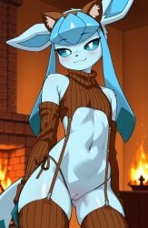 1girls 2026 ai_generated anthro bare_shoulders blue_eyes blue_fur blushing cat_suit crop_top cropped_sweater detached_sleeves eeveelution fake_animal_ears female female_only fireplace generation_4_pokemon glaceon half-closed_eyes hand_behind_back hi_res indoors innie_pussy nintendo off_shoulder pokemon pokemon_(species) pussy smile sweater thighhighs turtleneck turtleneck_sweater zonoya_(artist)