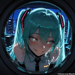 1girl ai_assisted ai_generated aqua_eyes aqua_hair bare_shoulders blue_eyes blush breasts curvaceous curvy curvy_female curvy_figure detached_sleeves female frills hair_ornament hatsune_miku headset heart heart-shaped_pupils long_hair looking_at_viewer miyuai necktie night pov shirt shoulder_tattoo sleeveless sleeveless_shirt smile solo symbol-shaped_pupils teeth thick thick_ass thick_butt thick_hips thick_legs thick_thighs twintails vocaloid voluptuous voluptuous_female wide_hips wide_thighs