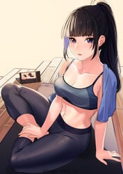 1girls bangs bare_shoulders black_hair blunt_bangs blush breasts cleavage collarbone female highres kagematsuri large_breasts long_hair looking_at_viewer navel original pants ponytail purple_eyes sidelocks sitting sports_bra steamy_breath sweat yoga_mat yoga_pants