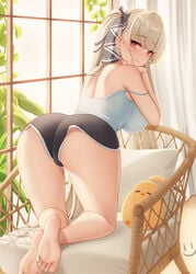 1girls 2020s 2021 2d anime ass azur_lane barefoot bent_over breasts chair closed_mouth curtains dolphin_shorts elbow_rest feet female female_only formidable_(azur_lane) highres indoors large_breasts light-skinned_female light_skin long_hair looking_at_viewer looking_back manga manjuu_(azur_lane) on_chair pale-skinned_female pale_skin panties panty_peek pink_underwear rear_view red_eyes short_shorts shorts smile smug soles solo strap_slip tank_top toes tomboy twintails two_tone_bottomwear two_tone_bottomwear_(black&white) underwear upshorts very_long_hair watermark wei_xiao white_hair window