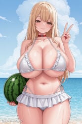 1girl ai_generated areola_slip bare_shoulders beach bikini bikini_skirt blonde_hair blue_sky blush breasts brown_eyes choker cleavage closed_mouth cloud collarbone day food frilled_bikini frills fruit goddess_of_victory:_nikke heart heart_choker highleg highleg_bikini holding holding_food holding_fruit huge_breasts long_hair looking_at_viewer microskirt nail_polish navel nikke ocean outdoors red_choker red_nails side-tie_bikini_bottom skirt sky smile solo standing stomach swimsuit thighs tia_(nikke) tia_(sweet_chef)_(nikke) underboob v watermelon wet white_bikini