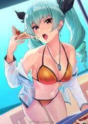 1girls anchovy aqua_hair armpits bare_shoulders beach bent_over bikini black_ribbon breasts brown_eyes cleavage collarbone curvy day eating female food girls_und_panzer gluteal_fold green_hair groin hair_ribbon halter_top halterneck highres kagematsuri medium_breasts navel off-shoulder_shirt off_shoulder open_mouth pizza ribbon see-through shirt sky solo stomach string_bikini swimsuit twintails whistle