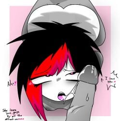 black_and_red_hair cum_drool emo emo_girl emo_haircut emo_hairstyle eyeshadow fat_ass heart-shaped_pupils hearts mixi_bunny pale-skinned_female shiny_ass shiny_eyes sweat talking_to_viewer tongue_out visible_breasts y/n_(your_name) you