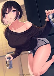 1girls bangs bare_shoulders beer black_hair black_shirt blush breasts collarbone female female_focus highres kagematsuri large_breasts long_sleeves looking_at_viewer mole_under_eye original purple_eyes shirt short_hair smile thighs