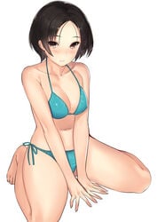 1girls bare_legs barefoot between_legs bikini black_hair blue_bikini blush breasts cleavage closed_mouth collarbone female forehead full_body hand_between_legs highres kagematsuri light_smile looking_at_viewer medium_breasts navel original own_hands_together purple_eyes short_hair side-tie_bikini sidelocks simple_background sitting solo stomach swimsuit thighs wariza white_background