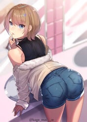 1girls ass back bangs bare_shoulders bathroom blue_eyes blush brown_hair denim denim_shorts female finger_to_mouth fur_trim highres jacket kagematsuri looking_at_viewer mirror off_shoulder original pants pantylines short_hair shorts sink sleeveless solo turtleneck