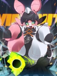 1girl aria_(zenless_zone_zero) aria_(zenless_zone_zero)_(robot_form) black_sclera blush colored_sclera crack cracked_floor ethereal_(zenless_zone_zero) green_eyes highres humanoid_robot joints navel notama open_mouth pink_hair quad_tails robot robot_girl robot_joints thighhighs zenless_zone_zero
