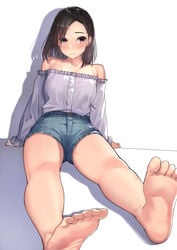 1girls arm_support bare_legs barefoot blush brown_hair closed_mouth collarbone cutoffs denim denim_shorts feet female foreshortening frilled_shirt frilled_sleeves frills frown grey_shirt highres kagematsuri long_sleeves looking_at_viewer medium_hair off-shoulder_shirt original shadow shiny shiny_hair shirt short_shorts shorts simple_background sitting soles solo toes white_background