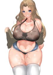 bangs bare_shoulders black_tank_top blue_eyes breasts brown_hair brown_sweater cleavage covered_nipples cowboy_shot crop_top curvy denim denim_shorts female girls_und_panzer grin halterneck highres huge_breasts kay_(girls_und_panzer) large_breasts long_hair massive_breasts navel off_shoulder parted_bangs sakanaaj1 shiny shiny_skin short_shorts shorts smile solo sports_bra sweater tank_top thick_thighs thighhighs thighs wet wet_clothes