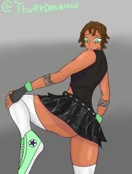 alex_(thurr) belt black_skirt bodysuit bracelets brown_hair converse dark-skinned_femboy dark-skinned_male dark_skin femboy femboy_focus femboy_only gloves green_eyes leather leotard like_and_retweet long_socks looking_at_viewer looking_back miniskirt presenting presenting_ass presenting_hindquarters shoes skirt tagme thigh_highs thighhighs thurr_(artist) underass underbutt white_thighhighs