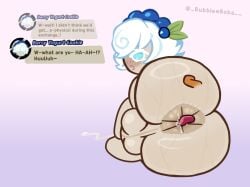 1boy 1femboy 1other alternate_version_available analingus anonymous_character anus artist_name ass ass_focus balls berry_yogurt_cookie blush bobababu completely_nude_male cookie_run cookie_run_crumble cum cumshot dialogue licking_anus looking_back maid_headdress moaning moaning_in_pleasure orgasm orgasm_face spreading spreading_ass talking_to_another text_box tongue twitter_username