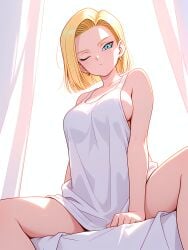 1girl absurd_res absurdres ai-created ai-generated ai_art ai_generated android_18 artist_name athletic_female backlighting bare_shoulders bed_sheet blonde_hair blue_eyes boobs breasts bust chest closed_mouth collarbone curtains dragon_ball_super dragon_ball_z earrings female fit_female gumtoof hi_res high_quality high_resolution jewelry large_breasts looking_at_viewer medium_breasts morning one_eye_closed patreon short_hair sideboob sitting sleeveless solo spread_legs stable_diffusion tagme thighs tits uncensored