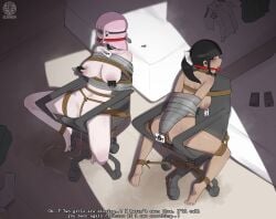 2girls armband armbinder arms_behind_back ball_gag bed bedroom black_hair bondage bound breasts brown_skin brown_skinned_female chairs collar cracked_screen crotch_rope elsimain english_dialogue english_text female female_focus female_only femsub gag gagged gagged_female id_card key large_breasts looking_at_viewer looking_back looking_back_at_viewer medium_breasts mika_(elsimain) naked naked_female nipple_clamps nipples nude nude_female nudity office_chair offscreen_character padlock pale-skinned_female pale_skin phone phone_screen pink_hair princess_p_(elsimain) pussy_juice pussy_juice_drip pussy_juice_puddle restrained restrained_arms restraints rope rope_bondage slut submissive submissive_female tape tape_bondage
