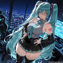 1girl ai_assisted ai_generated aqua_eyes aqua_hair aqua_nails bare_shoulders black_legwear black_skirt blue_eyes breasts curvaceous curvy curvy_female curvy_figure detached_sleeves female hatsune_miku headphones headset large_breasts long_hair looking_at_viewer miyuai nail_polish necktie night night_sky number_tattoo pleated_skirt shoulder_tattoo skirt sky sleeveless smile solo starry_sky tattoo thick thick_ass thick_butt thick_hips thick_legs thick_thighs thighhighs thighs twintails very_long_hair vocaloid voluptuous voluptuous_female wide_hips wide_thighs zettai_ryouiki