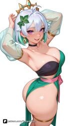 1girl :d ahoge ai_generated armpits arms_behind_head arms_up artist_name ass bangs bare_shoulders black_choker blush breasts choker cleavage collarbone detached_sleeves earrings flower hair_flower hair_ornament jewelry large_breasts lily lily_everhart looking_at_viewer multicolored_hair open_mouth palworld patreon pelvic_curtain purple_eyes see-through see-through_sleeves senpai_pixels sensitive shiny shiny_skin short_hair simple_background skindentation smile solo standing strapless teeth thigh_strap thighlet thighs twisted_torso white_background white_hair