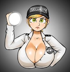 1girls blonde_hair breasts busty cleavage female female_only five_nights_at_freddy's five_nights_at_freddy's:_security_breach flashlight green_eyes hat hi_res huge_breasts hydrovert large_breasts light-skinned_female looking_at_viewer massive_breasts security_guard shirt solo vanessa_(fnaf)