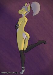 absurd_res anthro backsack balls butt canid canine colored_nails embarrassing_nudity femboy fox genitals hair hi_res male mammal nails ponytail prosthetic prosthetic_arm prosthetic_foot prosthetic_limb solo terrell_(terrytheartguy) terrytheartguy