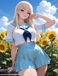 1girl ai_generated arlequin097 blonde_hair blue_nails blue_neckerchief blue_sailor_collar blue_skirt blue_sky breasts closed_mouth cloud collarbone cowboy_shot day earrings evelynn flower high-waist_skirt jewelry k/da_all_out_evelynn k/da_all_out_series k/da_series large_breasts lips long_hair looking_at_viewer midriff_peek miniskirt nail_polish neckerchief outdoors pink_eyes pleated_skirt sailor_collar school_uniform serafuku shirt short_sleeves skirt sky smile solo standing sunflower sunflower_field thighs white_shirt yellow_flower
