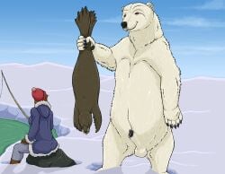 absurd_res ambiguous_gender animal_genitalia anthro aquatic balls bear brown_body brown_eyes claws clothed clothed_female clothed_human clothing death female female_human feral fishing fishing_rod fully_clothed fully_clothed_female fully_clothed_human fur genitals group hi_res holding_character human larger_anthro larger_male male male_anthro mammal nude_anthro nude_male penis penis_tip pinniped polar_bear seal semi-anthro sheath size_difference smaller_female smaller_human snout snow strega trio ursine white_body white_fur